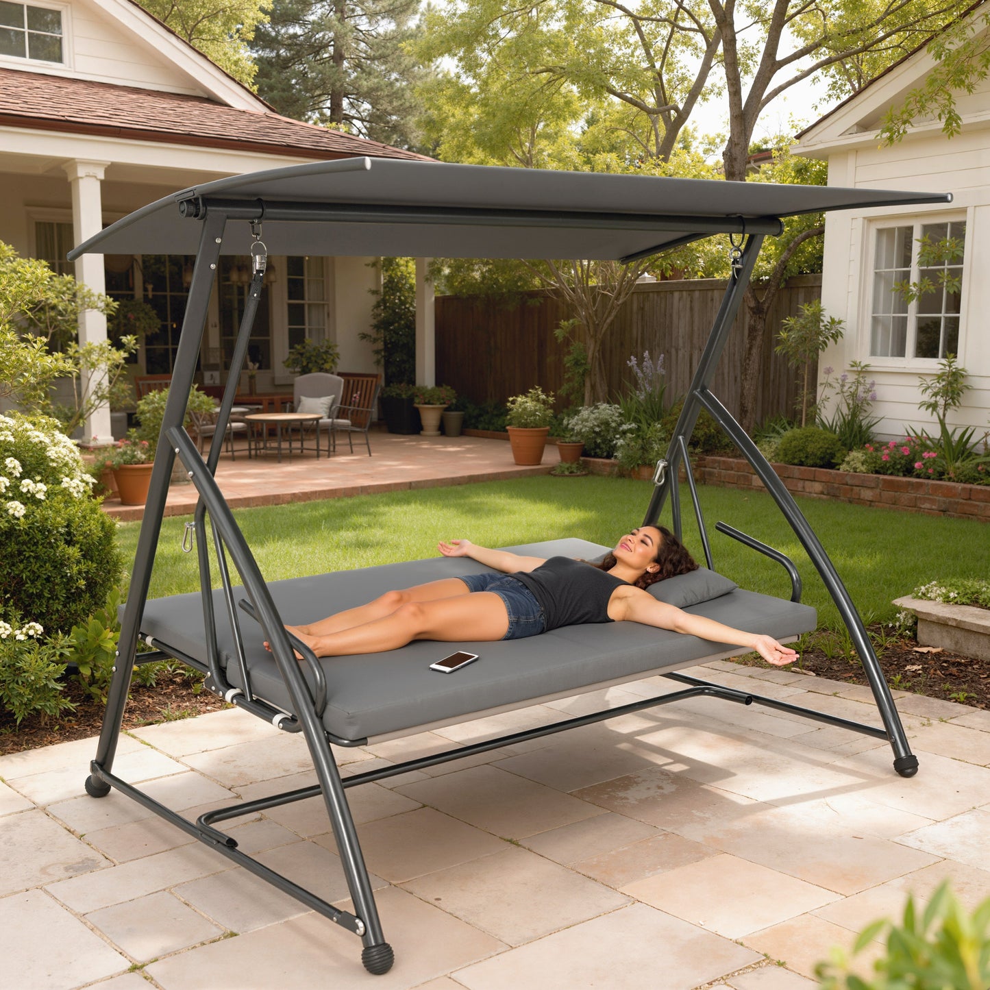 Outdoor 2-in-1 Swing Chair Lounger 3 Seater Garden Swing Seat Bed Convertible Tilt Canopy W/ Cushion, Dark Grey