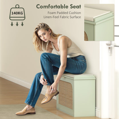 Boho Shoe Bench with Padded Seat and Flip-Drawer - Light Green