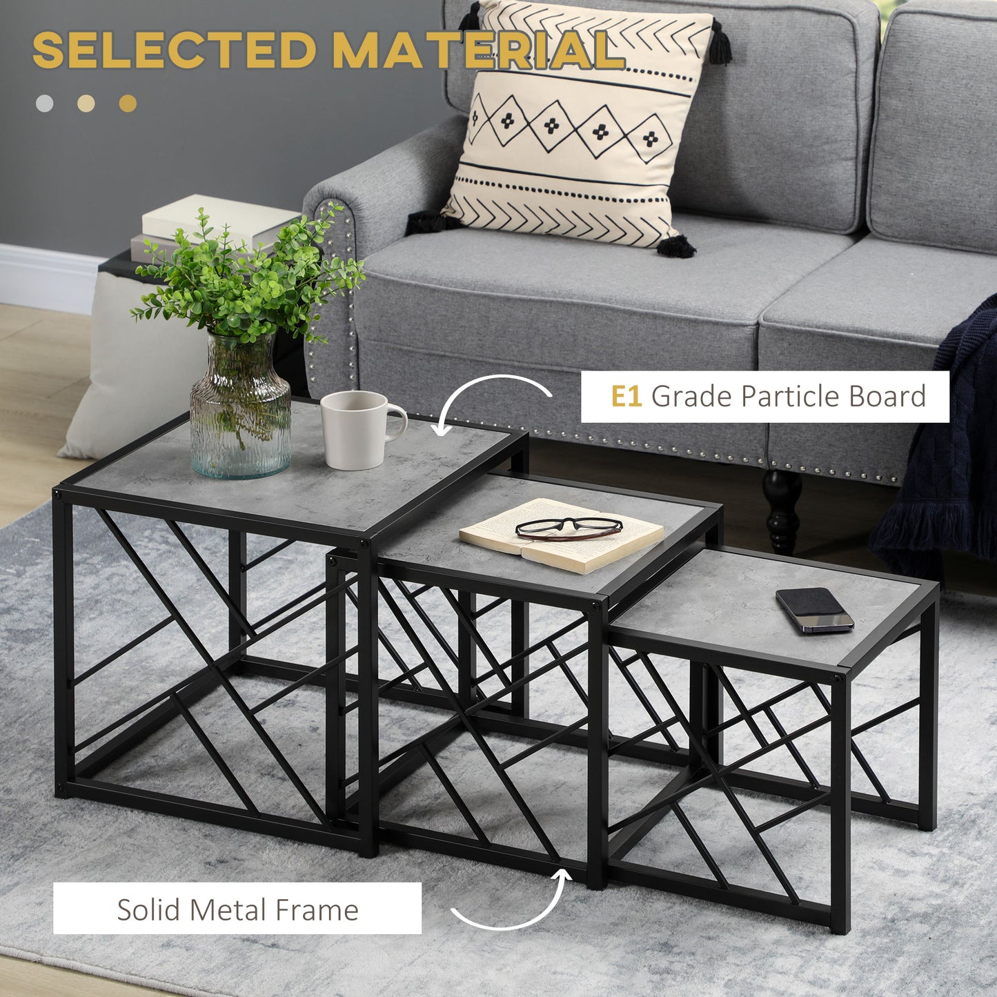Nesting Coffee Tables, Set of 3 Square Side Tables with Black Metal Frame, for Living Room, Bedroom and Office, Grey