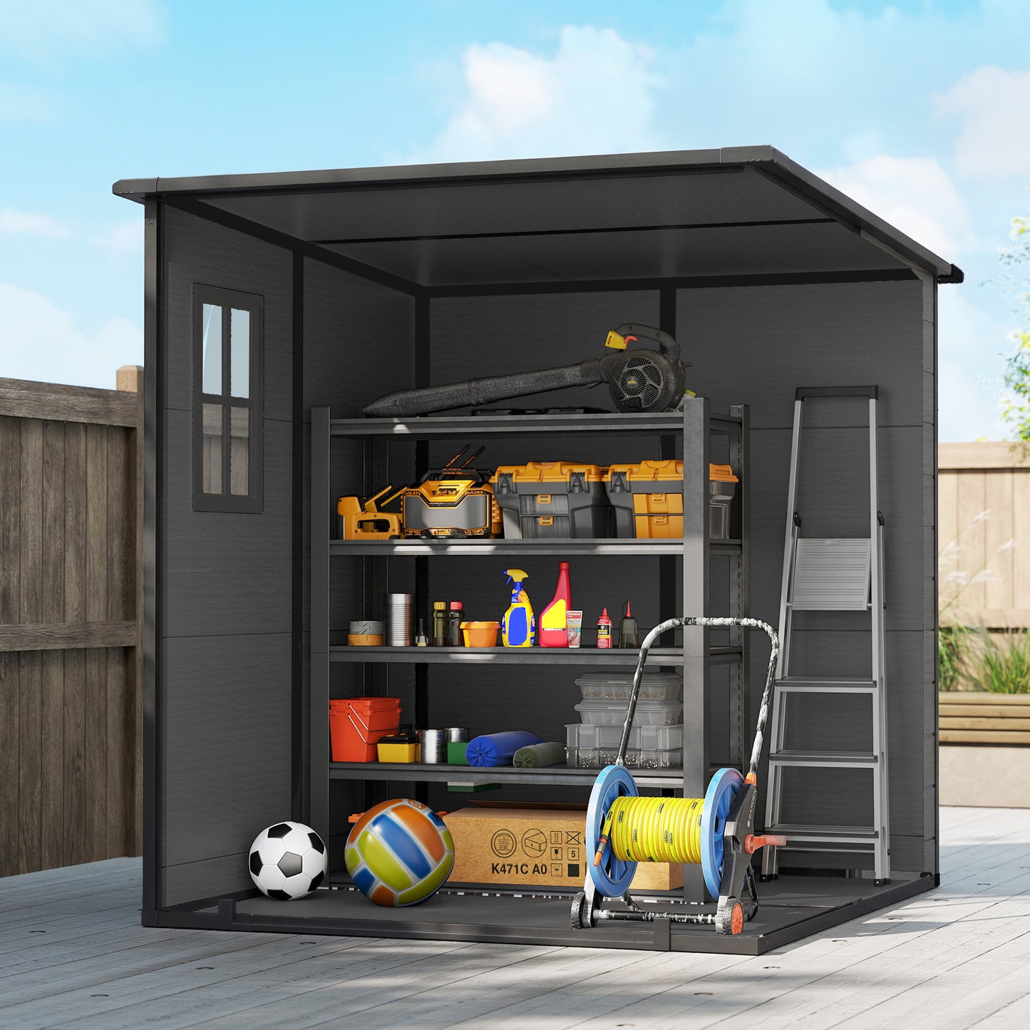 6 x 6 ft Plastic Garden Shed, Wood-Effect Outdoor Storage Shed with Floor, Windows, Lockable Doors and Vents, Dark Grey