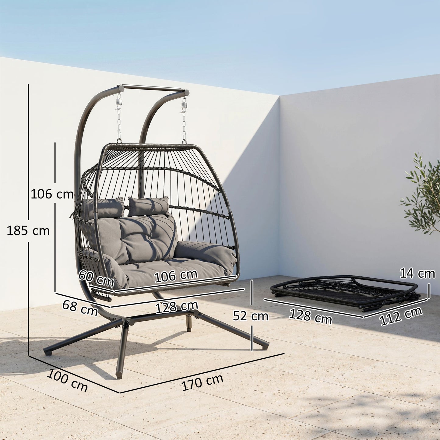 Rattan Double Hanging Egg Chair with Stand, Foldable Wicker Swing Egg Chair with Cushion, Head Pillows, Steel Frame