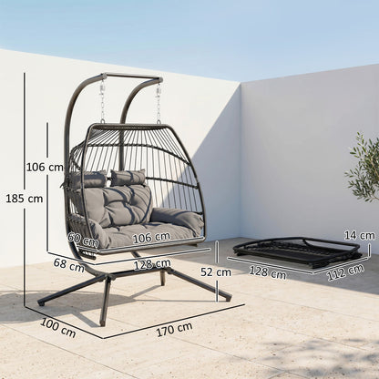 Rattan Double Hanging Egg Chair with Stand, Foldable Wicker Swing Egg Chair with Cushion, Head Pillows, Steel Frame