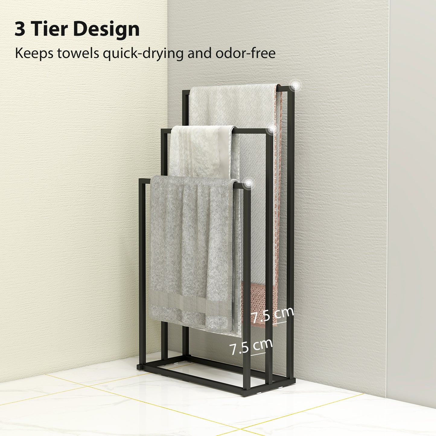 Freestanding Towel Rack, Steel Towel Rail Holder with 3 Bars, Black