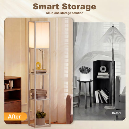 3-Tier Floor Lamp with Shelves and Storage, Modern Corner Standing Lamp with Lampshade, Foot Switch for Living Room, Bedroom