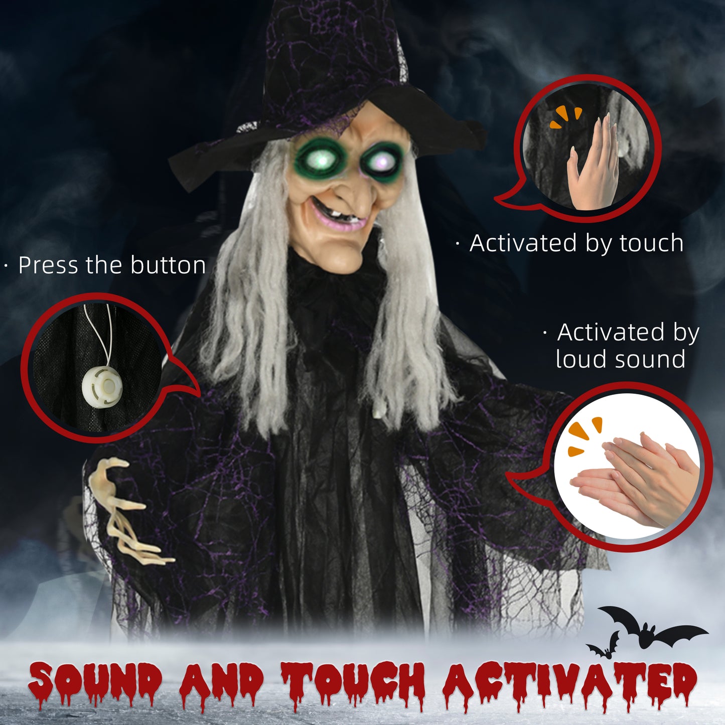 6ft Outdoor Halloween Decoration Witch, Hanging Witch Prop Life Size with Sound and Motion Activated, Light Up Eyes