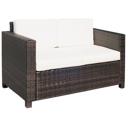 Rattan Sofa, 2 Seater Garden Furniture with Soft Padded Cushion and Armrests, Wicker Garden Loveseat for Patio, Mixed Brown