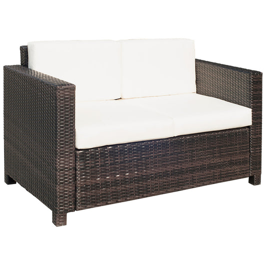 Rattan Sofa, 2 Seater Garden Furniture with Soft Padded Cushion and Armrests, Wicker Garden Loveseat for Patio, Mixed Brown