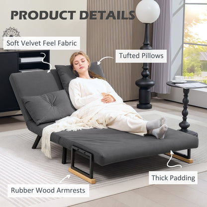 4-in-1 Velvet-Feel Double Sofa Bed, with Pillows - Dark Grey