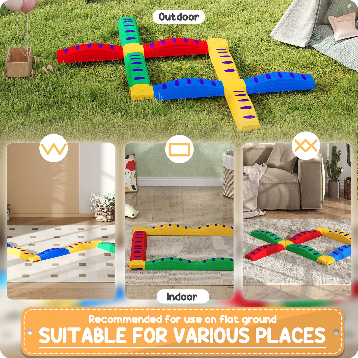 12-Piece Kids Balance Beam Stepping Stones, with Non-Slip Foot Pads, Multicoloured