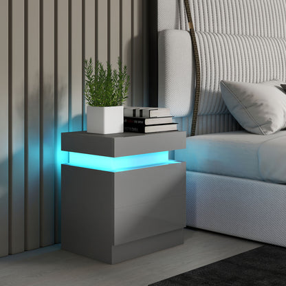Grey Bedside Table with LED Light, High Gloss Front Nightstand with 2 Drawers, for Living Room, Bedroom
