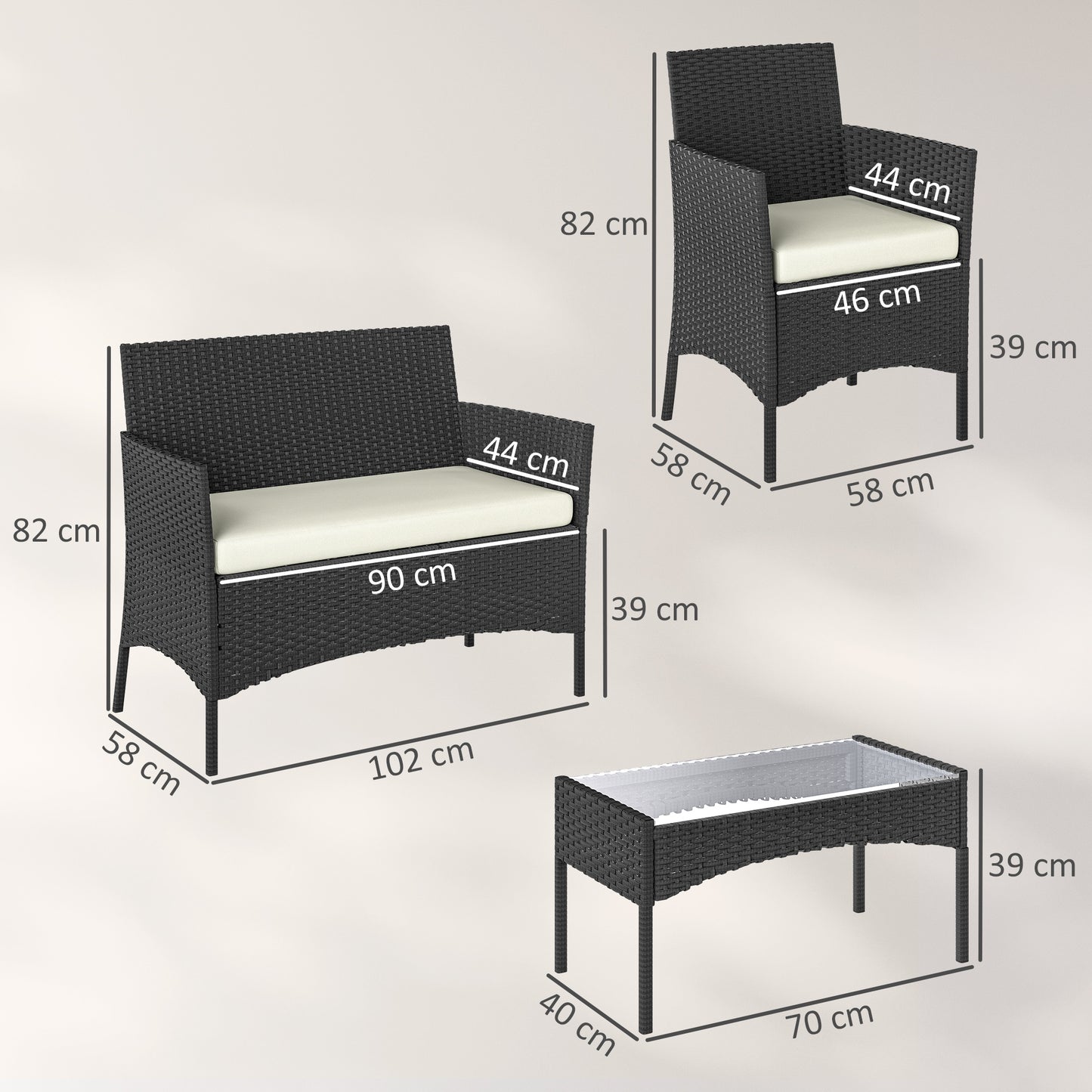 4 Piece Rattan Garden Furniture Sofa Set with Loveseat, Armchairs, Glass-Top Coffee Table and Cushions, Cream White