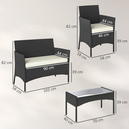 4 Piece Rattan Garden Furniture Sofa Set with Loveseat, Armchairs, Glass-Top Coffee Table and Cushions, Cream White