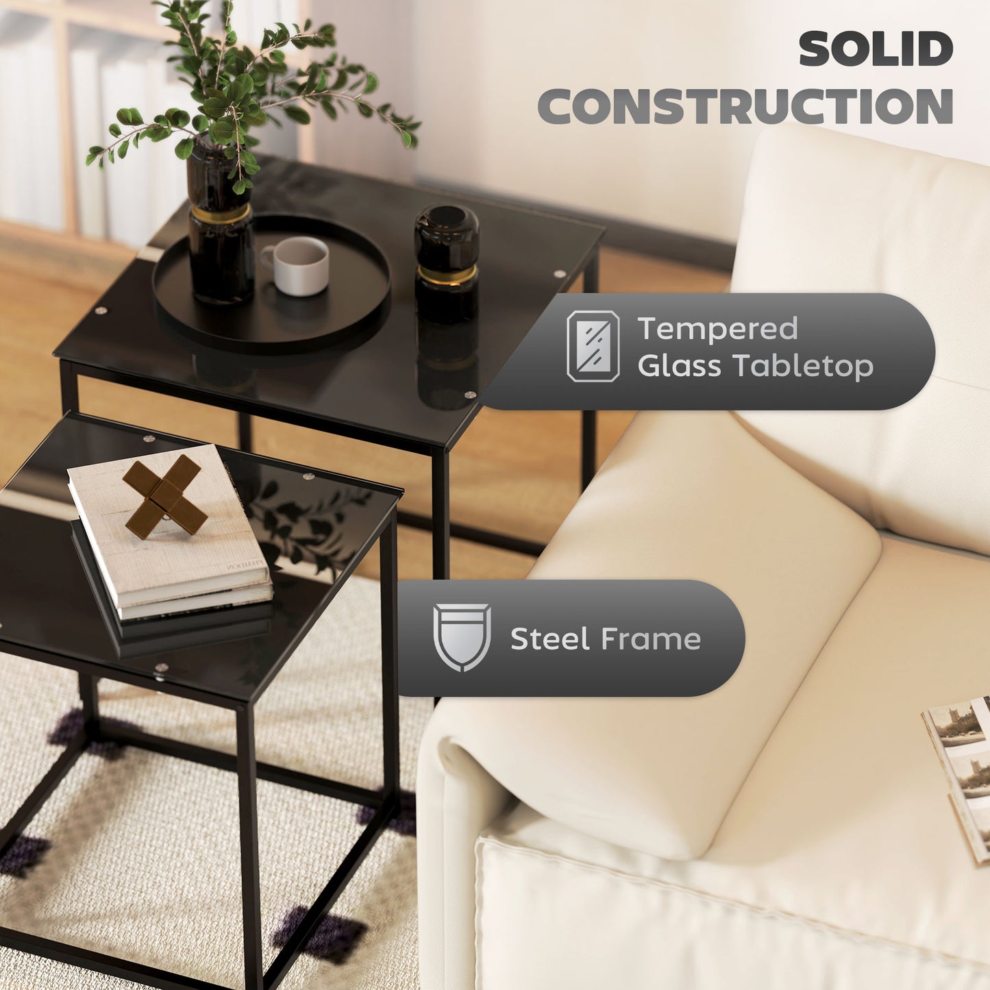 Nest of Tables, Set of 2 Coffee Table, Side Tables with Tempered Glass Desktop and Metal Frame for Living Room, Bedroom