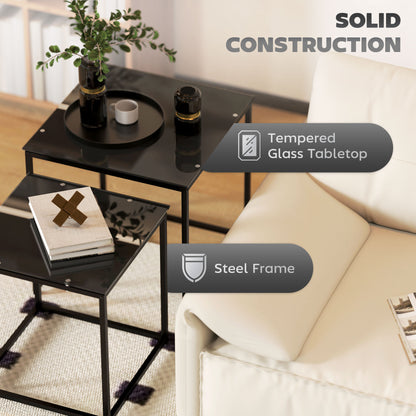 Nest of Tables, Set of 2 Coffee Table, Side Tables with Tempered Glass Desktop and Metal Frame for Living Room, Bedroom