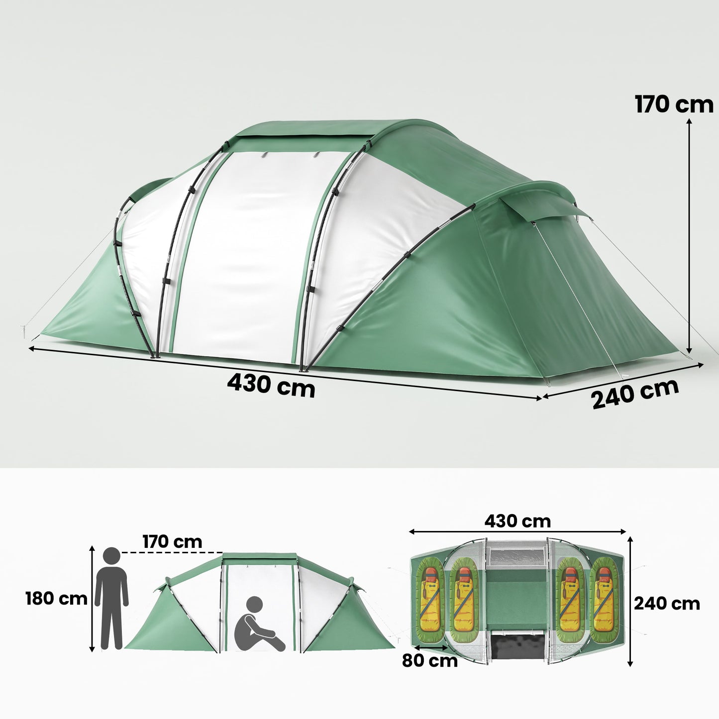 4 Man UV Protection Camping Tent - Green and White