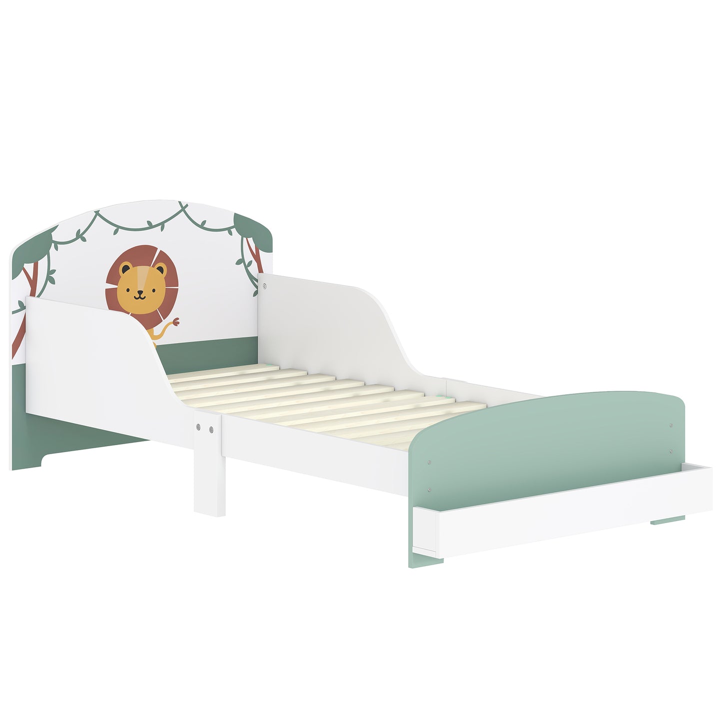 Toddler Bed with Storage, Guardrails, Lion Design, for Ages 3-8 Years, Fits 140 x 70cm Mattress, Green