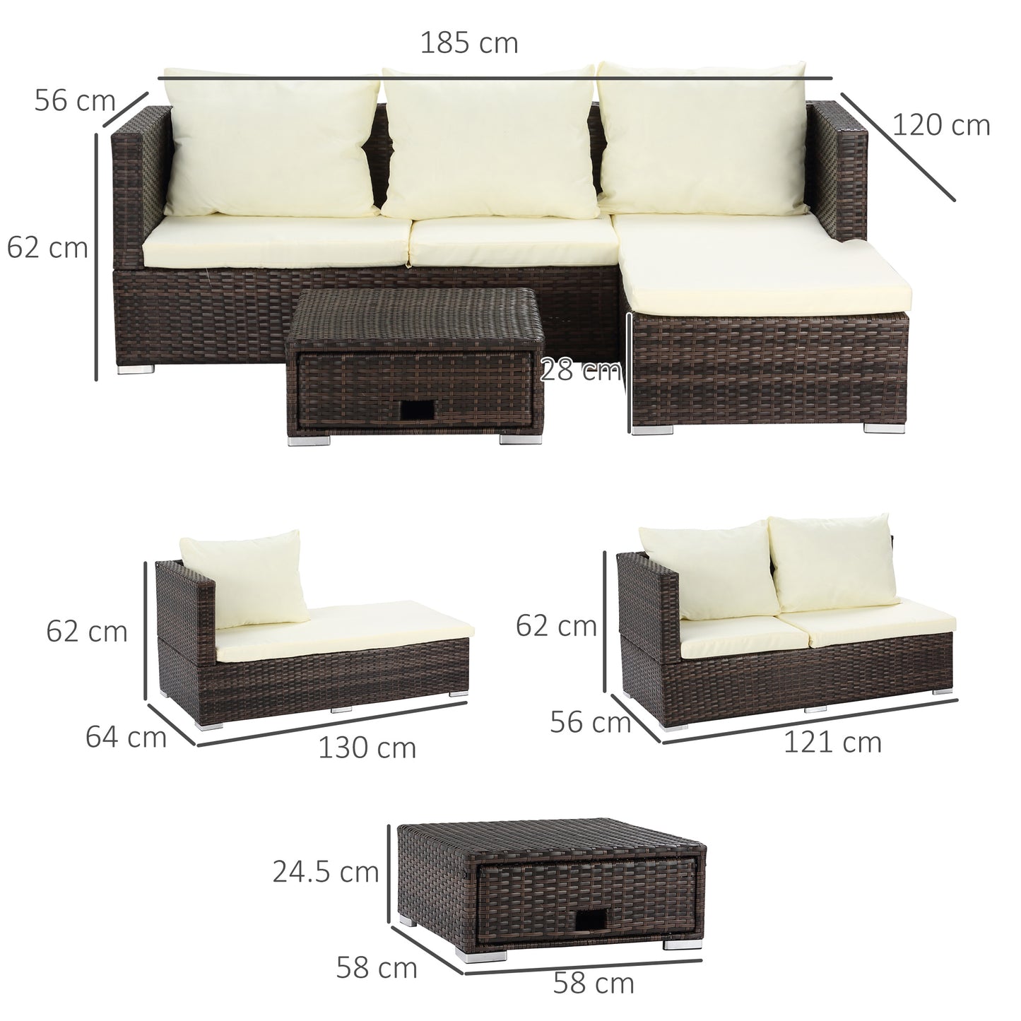 3 Pieces Rattan Garden Furniture Sofa Set, 4 Seater Garden Corner Sofa