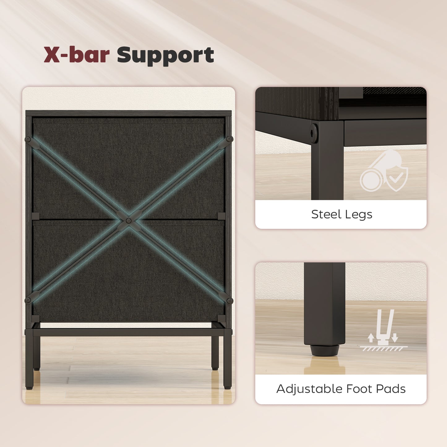 Chest of Drawers, Dresser with 2 Fabric Drawers and Aluminium Handles - Black