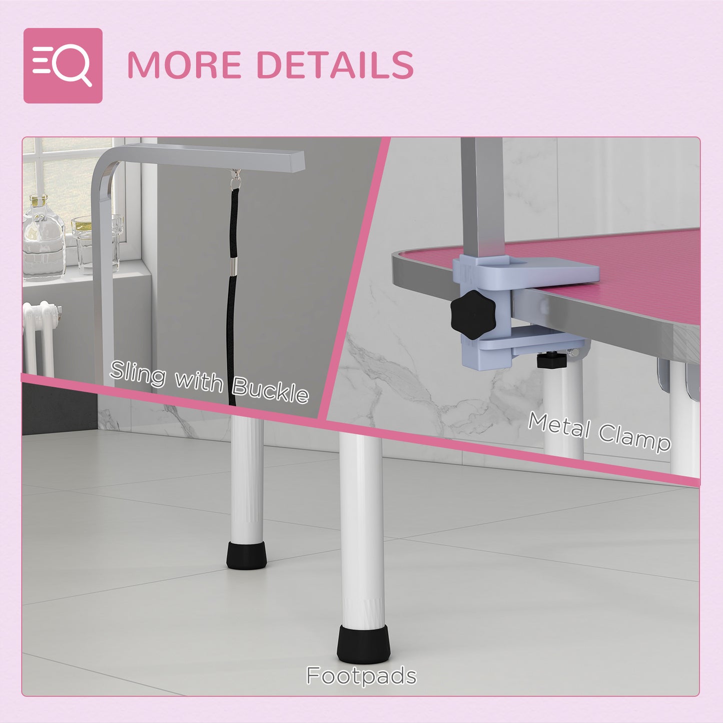 32" Foldable Dog Grooming Table Pet Drying Beauty Table Adjustable Fixed Arm Rubber Top, Pink