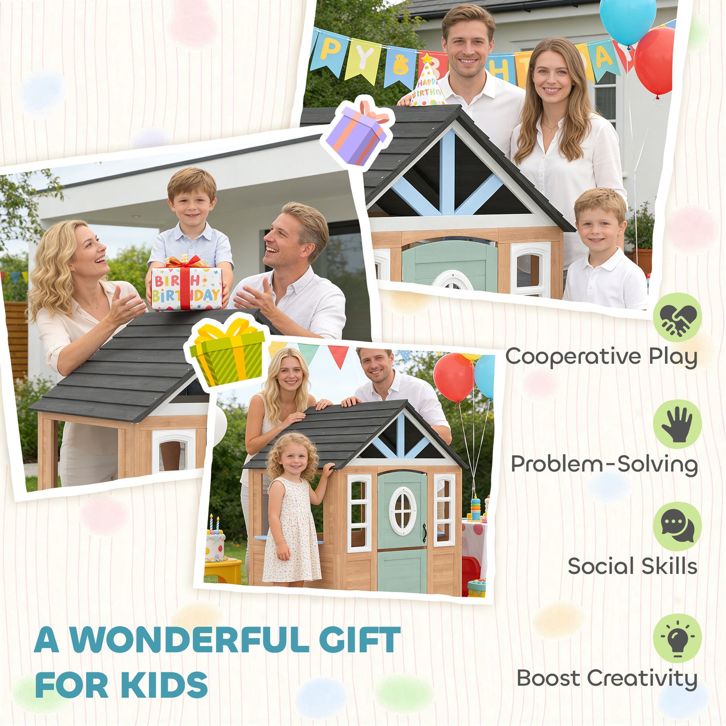 Wooden Playhouse for Kids, Wendy House with Pet Door, Play Kitchen, Half Door and Windows for Indoor Outdoor, Ages 2+
