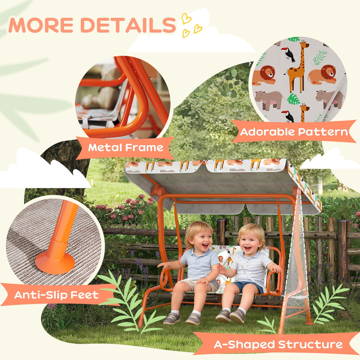 Kids Porch Swing, 2-Seater Patio Swing Bench Hammock with Seat Belts, Adjustable Canopy for Garden, Orange