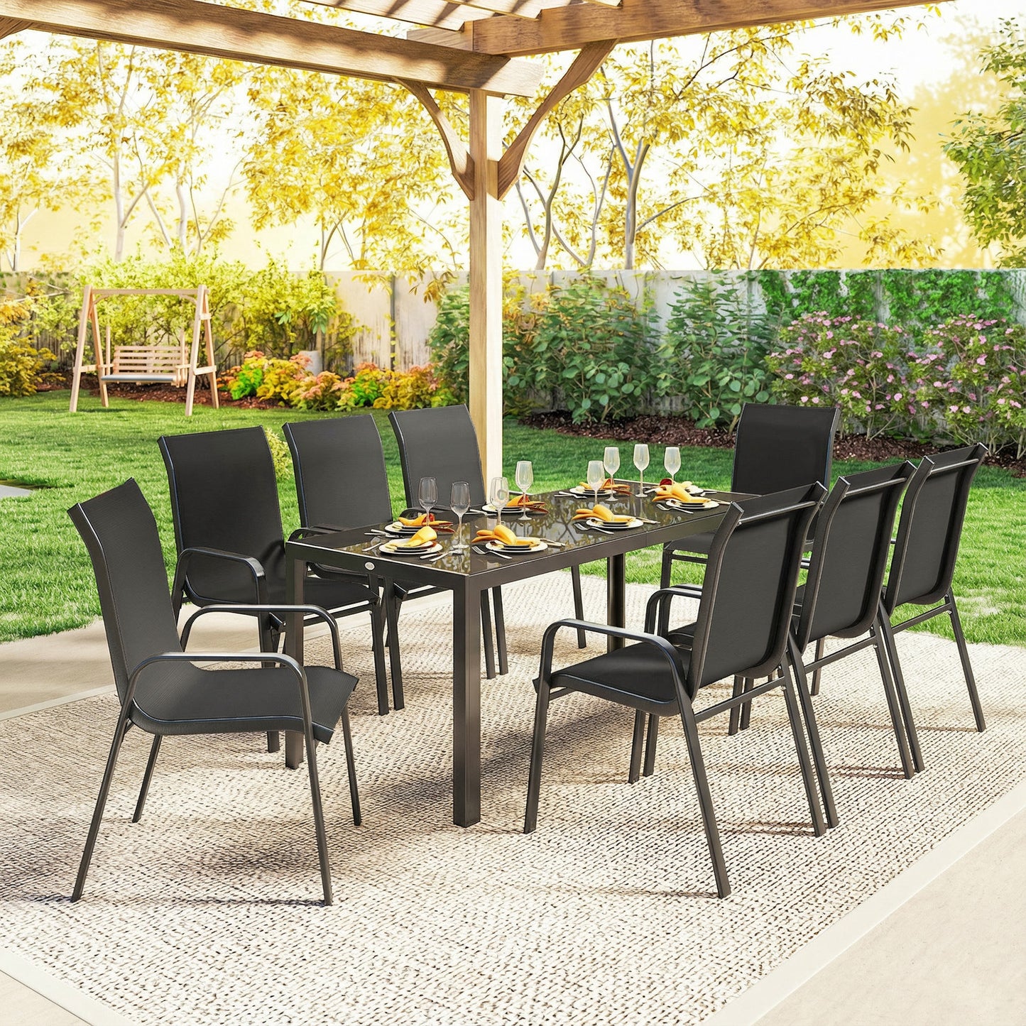 9 Pieces Garden Dining Set, Outdoor Table and Chairs Set for 8, Garden Furniture Set with Tempered Glass Top, Black
