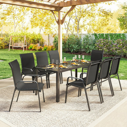 9 Pieces Garden Dining Set, Outdoor Table and Chairs Set for 8, Garden Furniture Set with Tempered Glass Top, Black