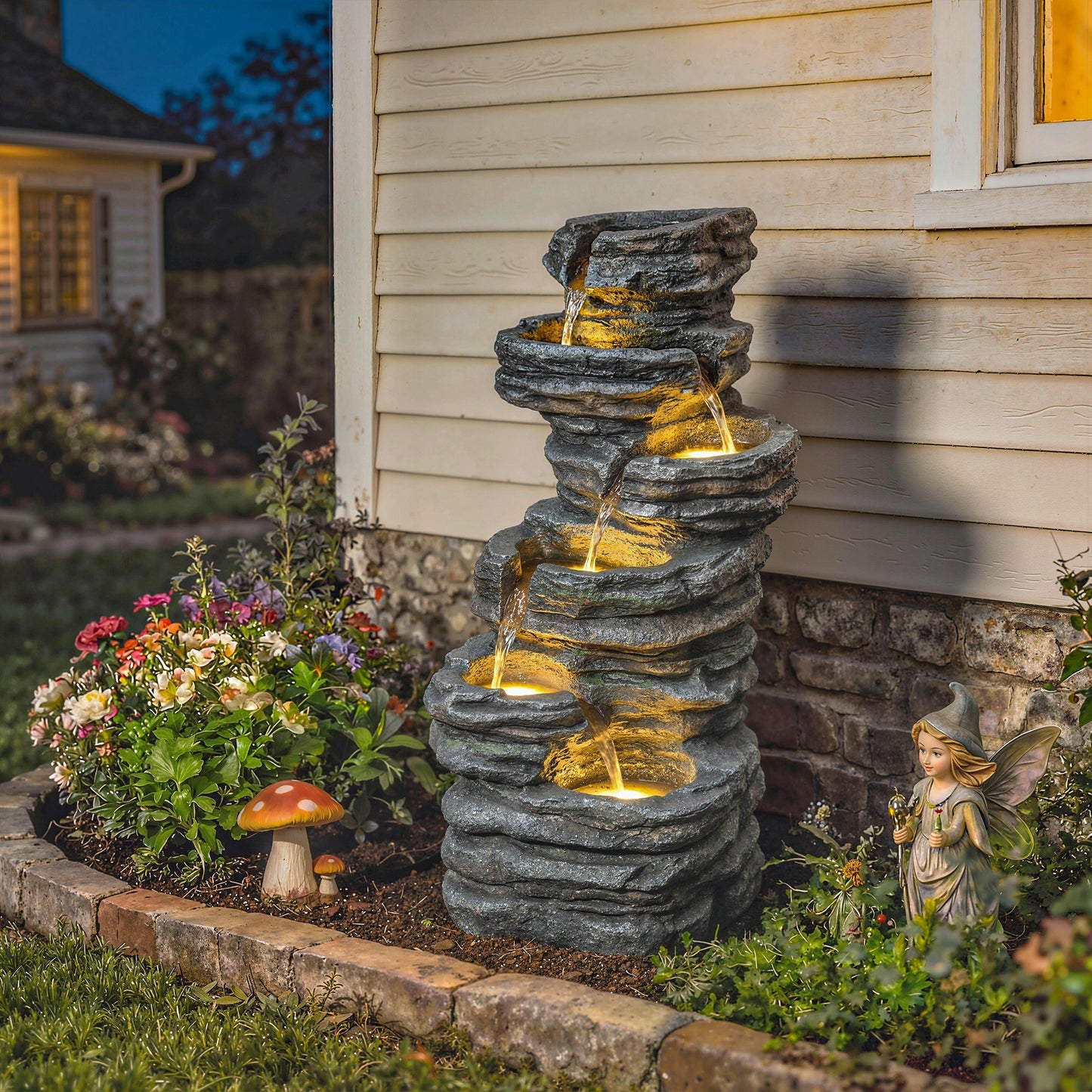 Outdoor Fountain, 6-Tier Cascading Waterfall Feature with LED Lights, Resin Freestanding Garden Fountain, Grey