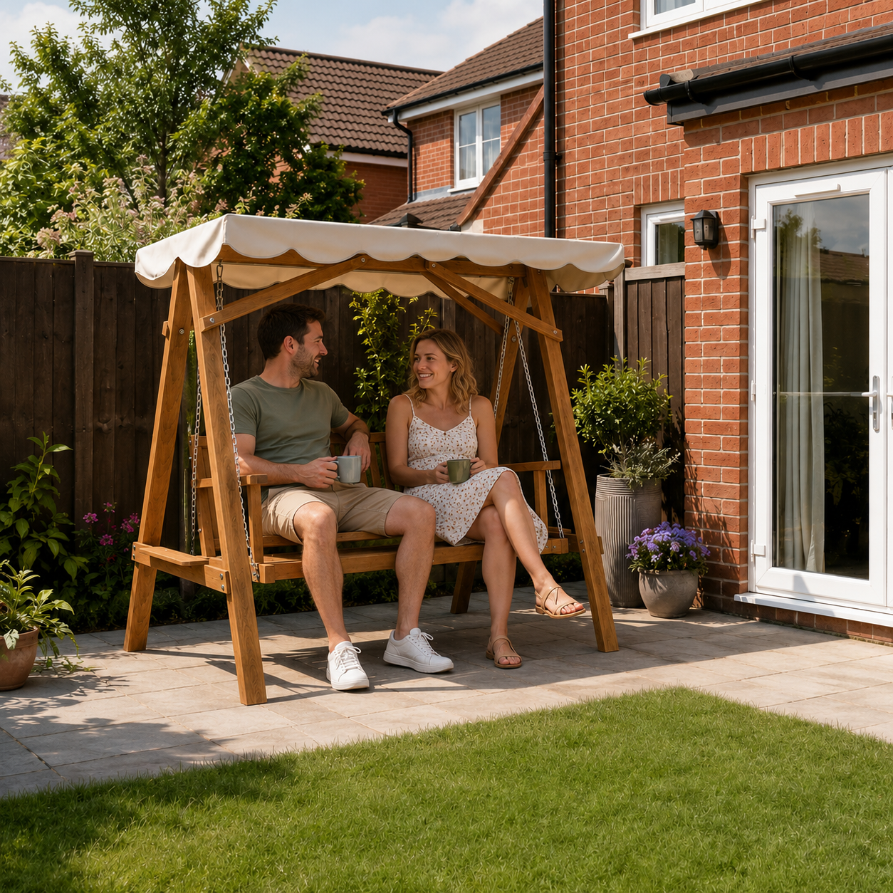 3 Seater Garden Swing Seat with Canopy, Wooden Swing Chair, Outdoor Hammock Bench for Balcony Patio Porch, Cream White
