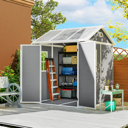 6 x 6ft Garden Shed with Floor, Window, Lockable Doors and Vents, Wood Effect Resin Tool Shed for Outdoor Patio, Grey