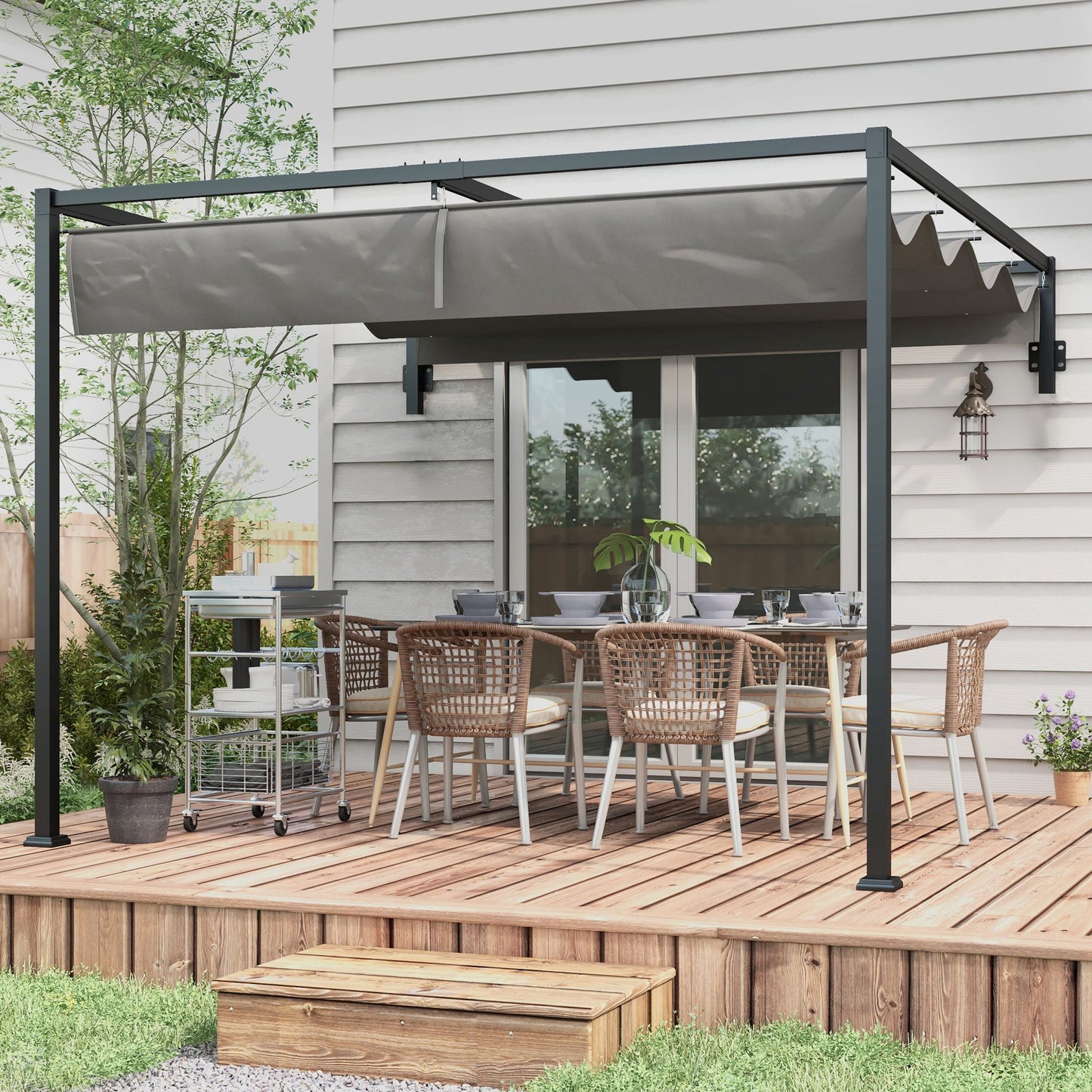3 x 4m Lean To Steel Pergola with Moving Fabric Canopy - Dark Grey