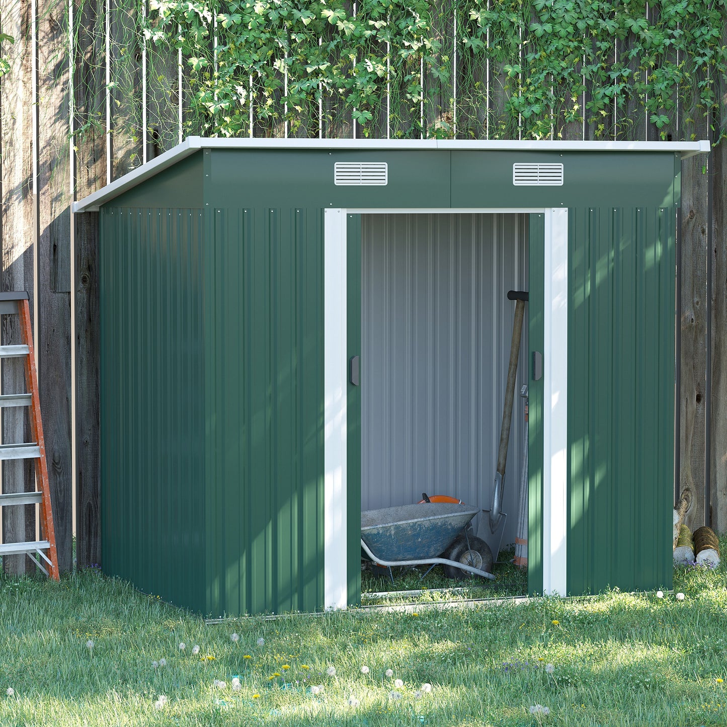 7 x 4ft Outdoor Storage Shed with Foundation Kit, Lean to Metal Garden Shed for Log, Rubbish Bin, Tool, Lawnmower, Bike
