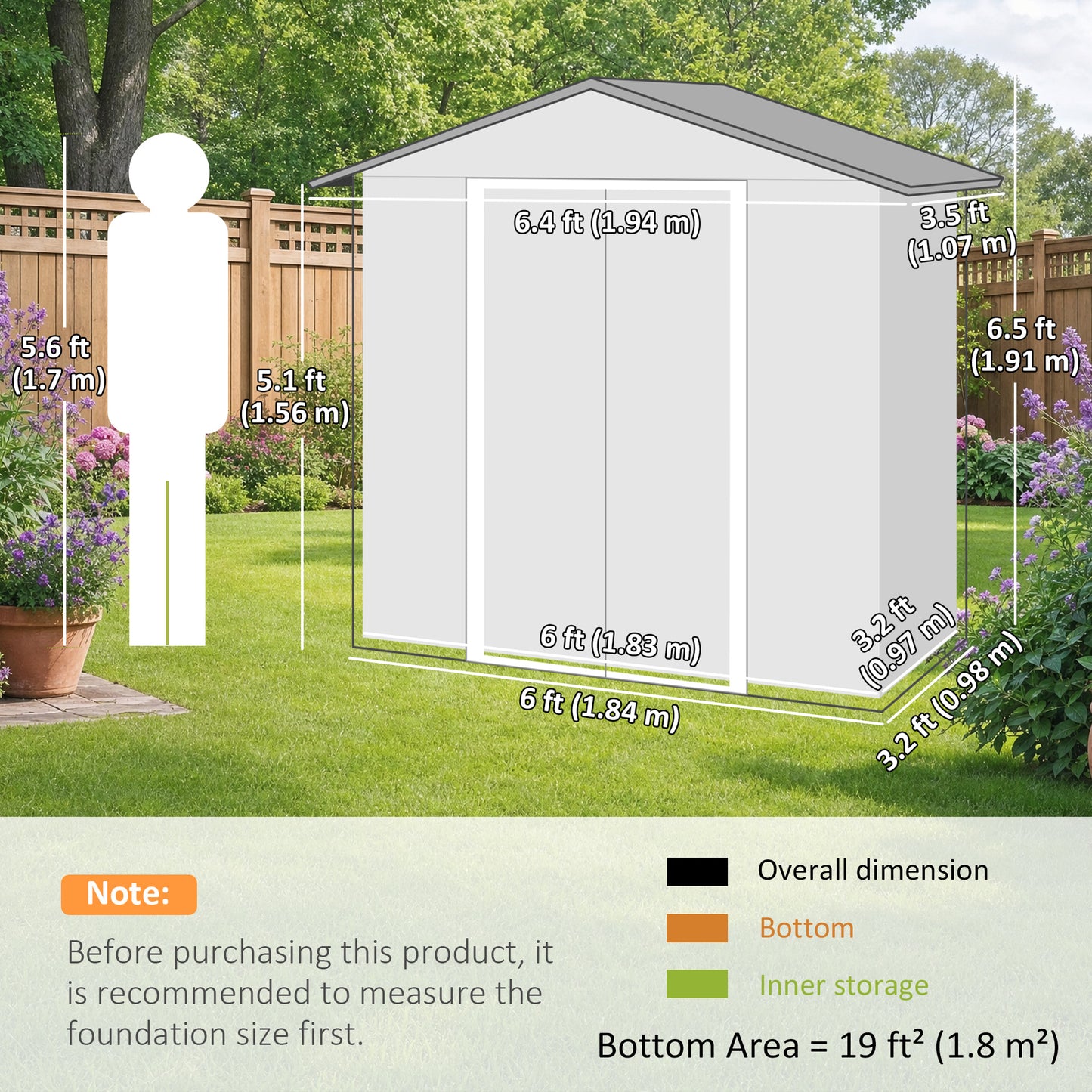 6.5 x 3.5ft Metal Garden Storage Shed - Light Grey