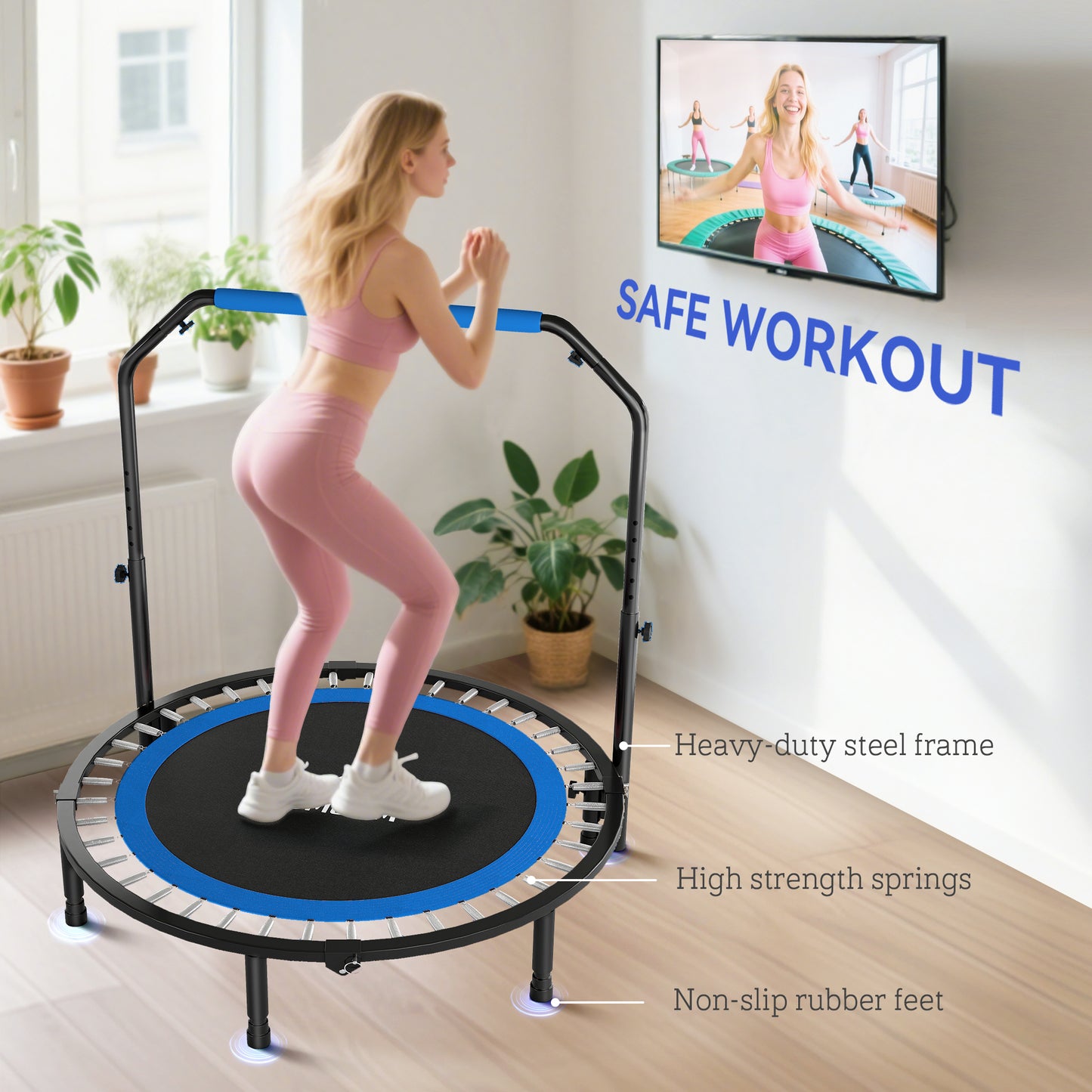 48" Foldable Mini Fitness Trampoline, with Adjustable Foam Handle, Blue