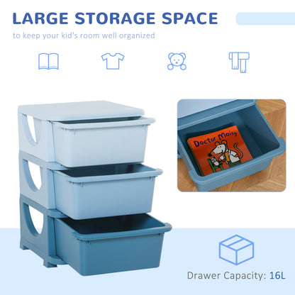 3 Drawers Plastic Kids Storage Units, 3 Tier Children Toy Chest for Nursery, Playroom, Bedroom, Blue