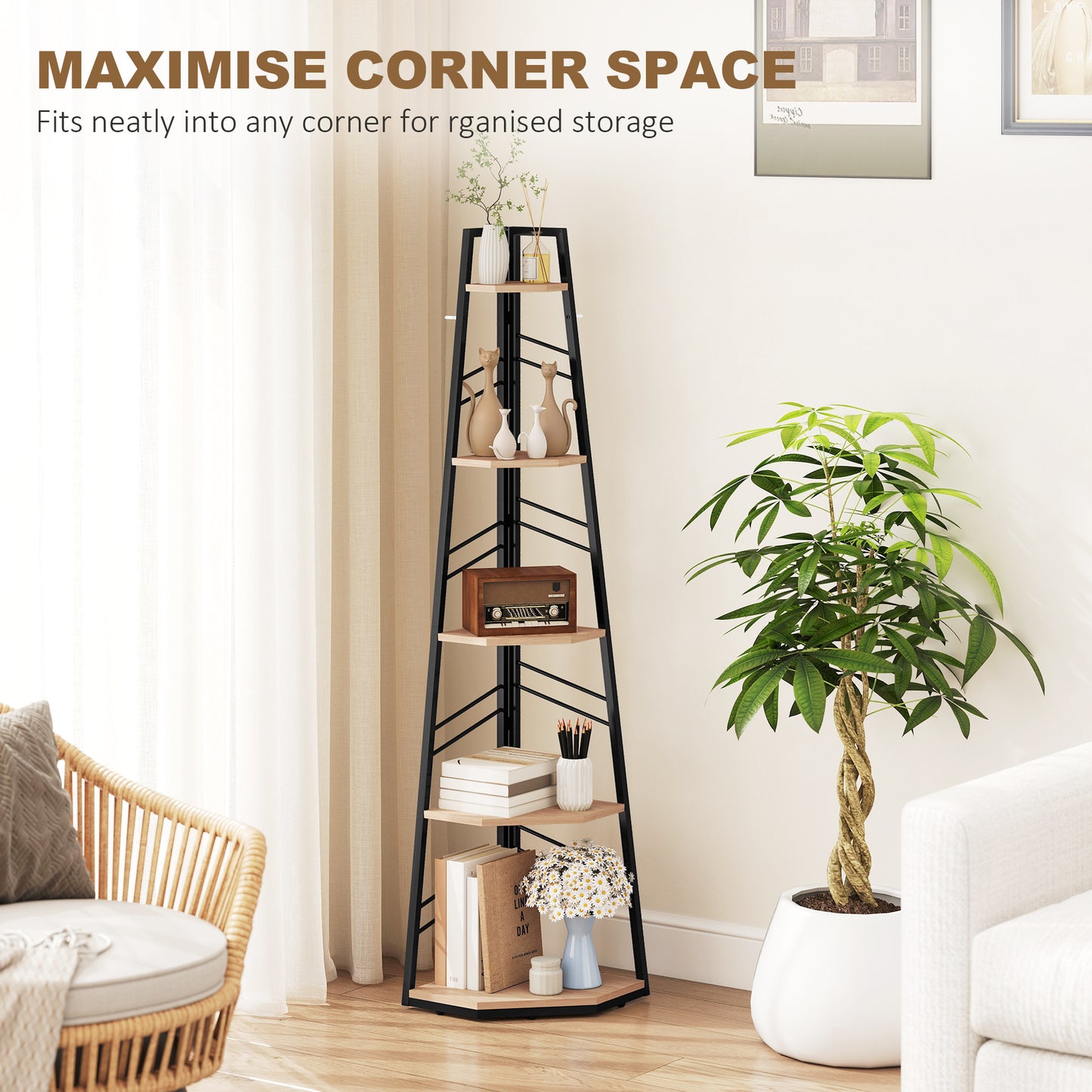 Corner Bookcase, 5-Tier Floor Standing Bookshelf, Shelving Unit for Living Room, Study, Bedroom, Natural Wood Finish