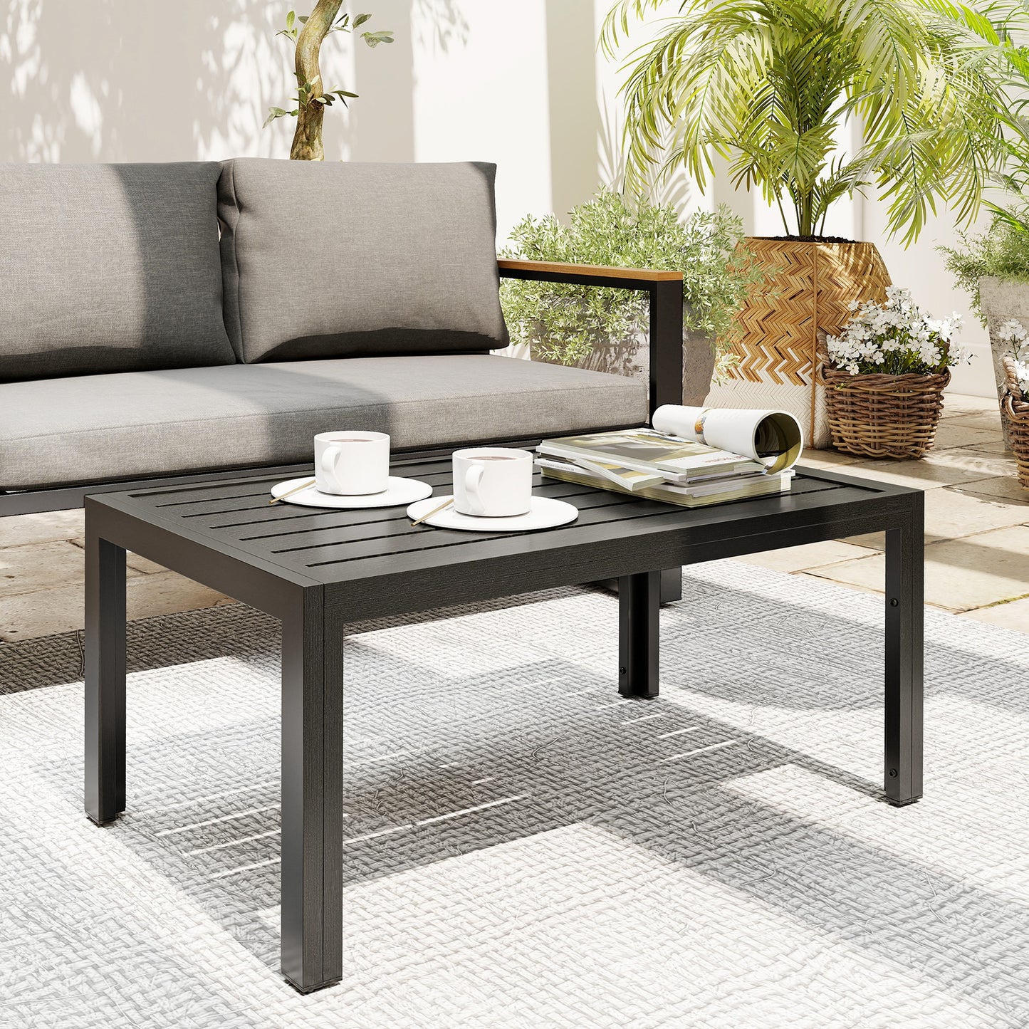 Outdoor Side Table, Rectangular Patio Coffee Side Table with Steel Frame and Slat Tabletop for Garden, Balcony, Grey