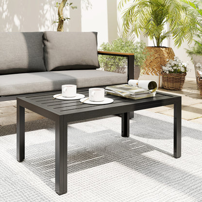 Outdoor Side Table, Rectangular Patio Coffee Side Table with Steel Frame and Slat Tabletop for Garden, Balcony, Grey