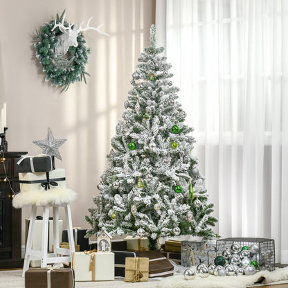 6 Ft Snow Flocked Artificial Christmas Tree Xmas Pine Tree with Realistic Branches, Auto Open and Steel Base, Green