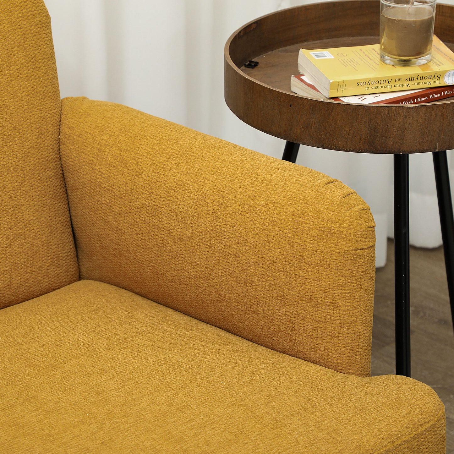 Velvet Feel Fabric 2 Seater Sofa, Small Sofa Loveseat with 21cm Thick Padding and Wood Legs, Yellow