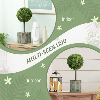 Set of 2 Decorative Artificial Plants, 50cm Faux Boxwood Topiary Balls with Woven Plastic Pot and Pebbles