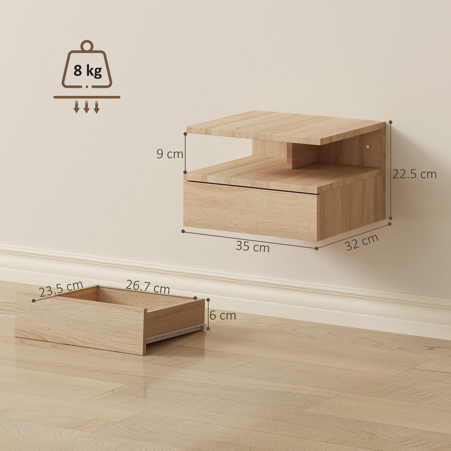 Set of Two Floating Bedside Tables - Oak