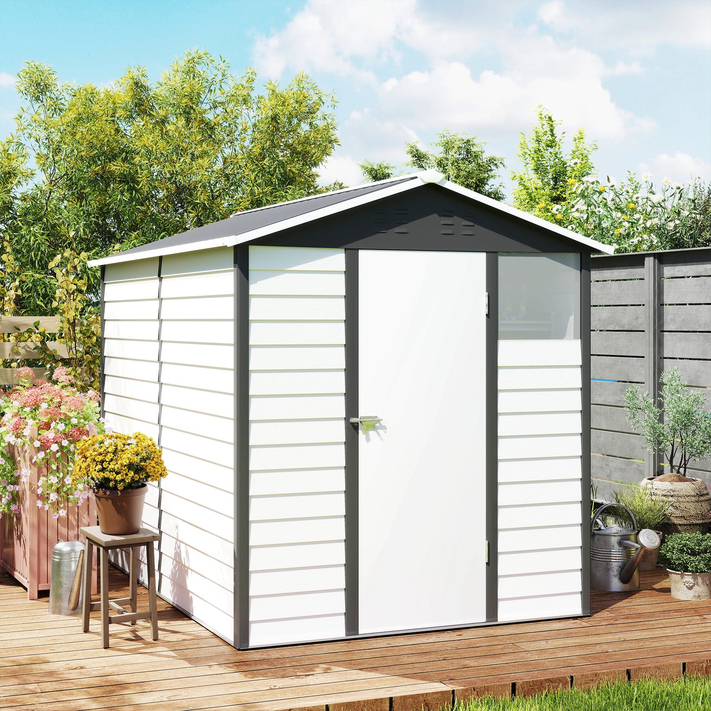 9x 6FT Metal Outdoor Garden Shed, Galvanised Tool Storage Shed w/ Sloped Roof, Lockable Door for Patio Lawn, Dark Grey