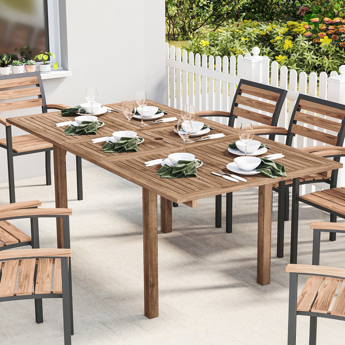 Extending Garden Table, Outdoor Dining Table for 6-8 with Acacia Wood Slatted Tabletop for Balcony Porch