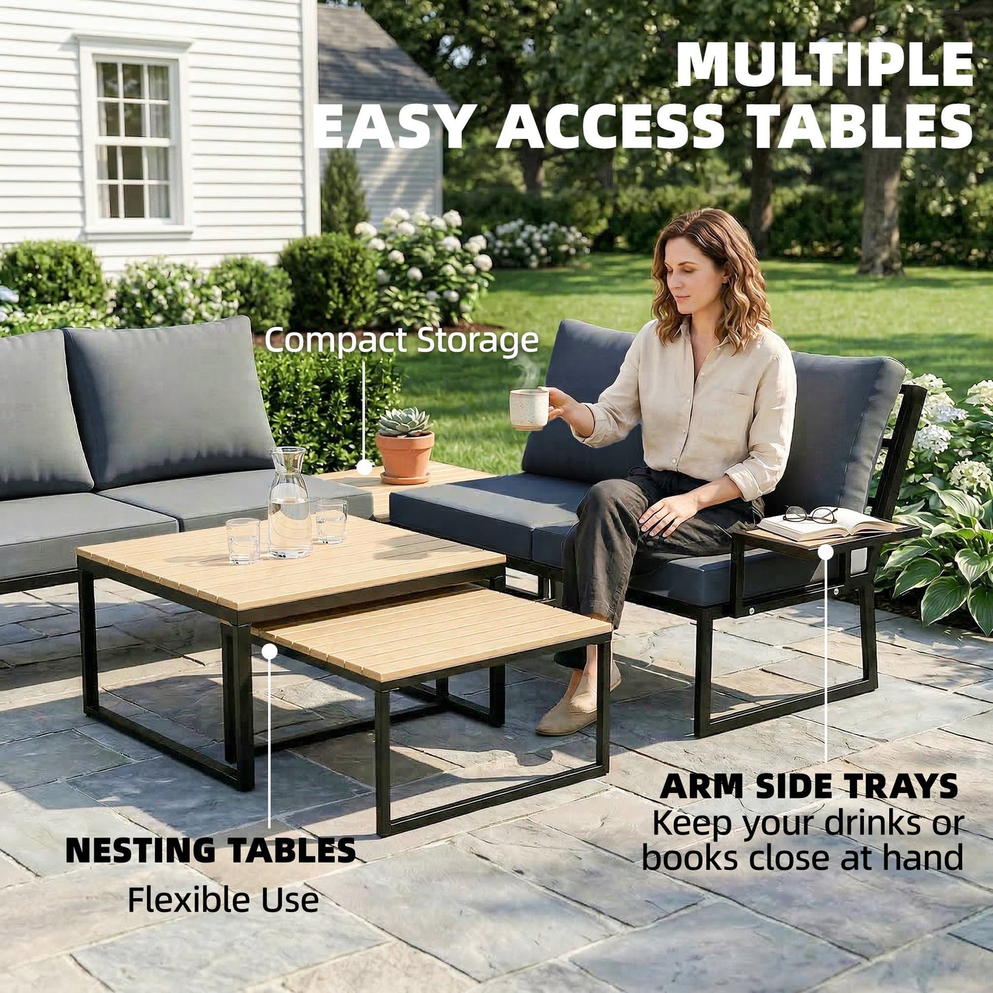 4 Seater Metal Garden Furniture Set, Corner Garden Sofa Set with 2 Loveseats, 2 Nesting Tables, Arm Side Trays, Teak