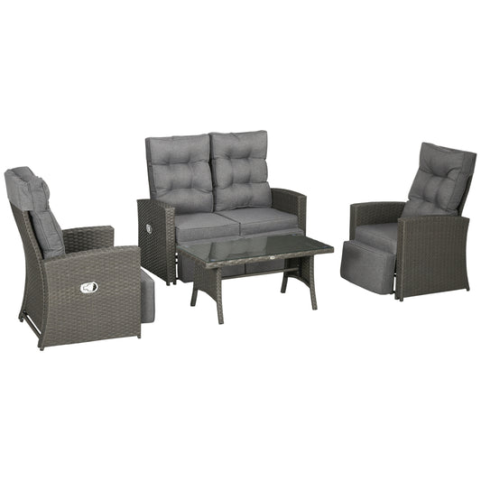 4 Piece Rattan Garden Furniture Set Outdoor Sofa Sectional Set with Glass Top Table for Poolside, Grey