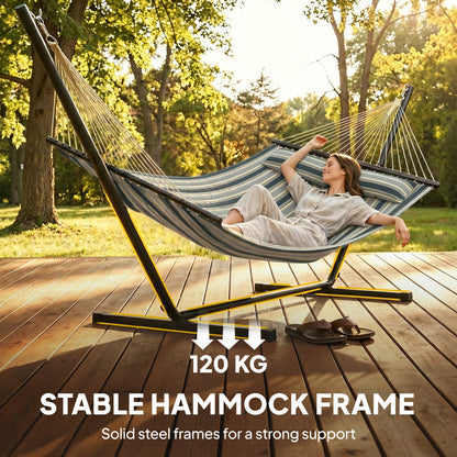 Outdoor Hammock with Stand Detachable Pillow Striped Swing Steel Frame, for Garden, Patio, Green