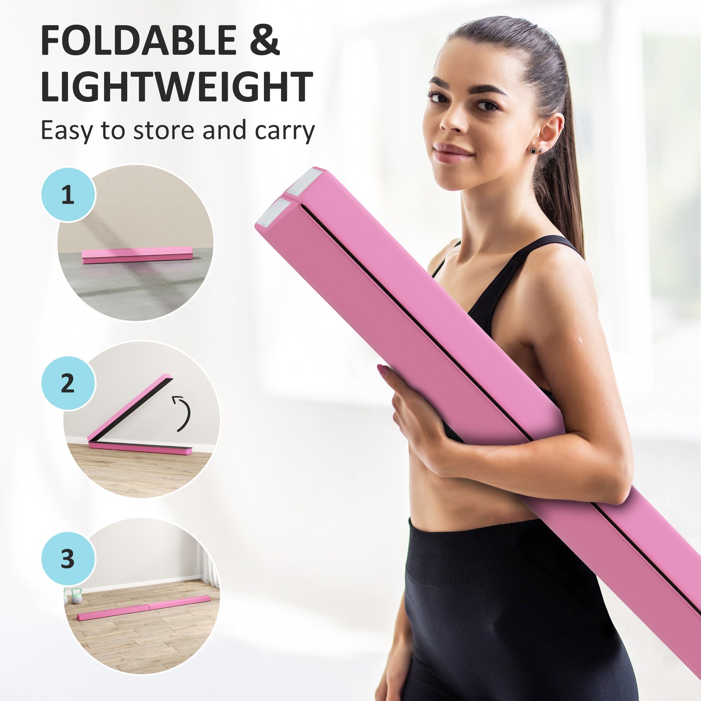 7.7ft Folding Gymnastics Beam, Floor Balance Beam for Kids with Anti-Slip Base, Gymnastics Equipment for Home, Pink