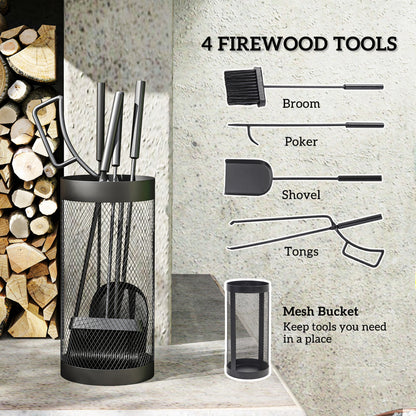 5-Piece Fireplace Tools Set with Mesh Basket, Indoor Outdoor Fireside Accessories for Fireplaces, Fire Pits, Black