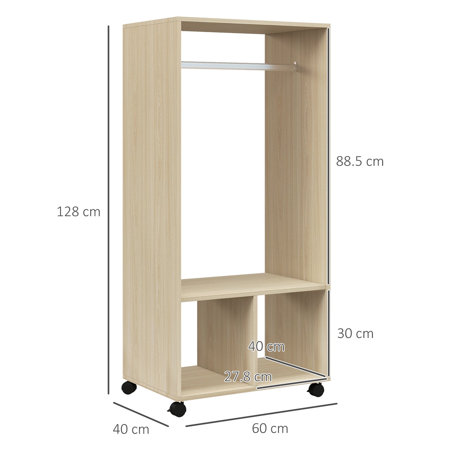 Open Wardrobe on Wheels, Bedroom Wardrobe with Clothes Hanging Rail, 2 Storage Shelves, Mobile Garment Rack for Cloakroom